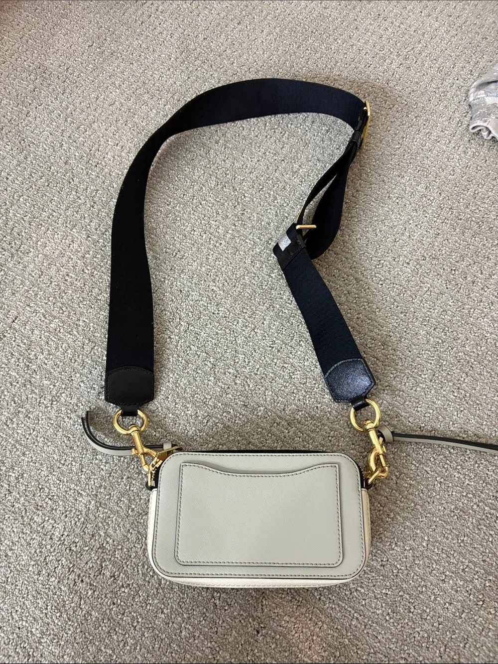 Marc Jacobs Cream Snapshot Camera Bag with Black Strap and Yellow Accents
